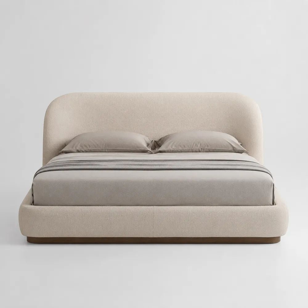 Letto matrimoniale imbottito 160 × 200 cm in poliestere beige con testiera arrotondata e base marrone