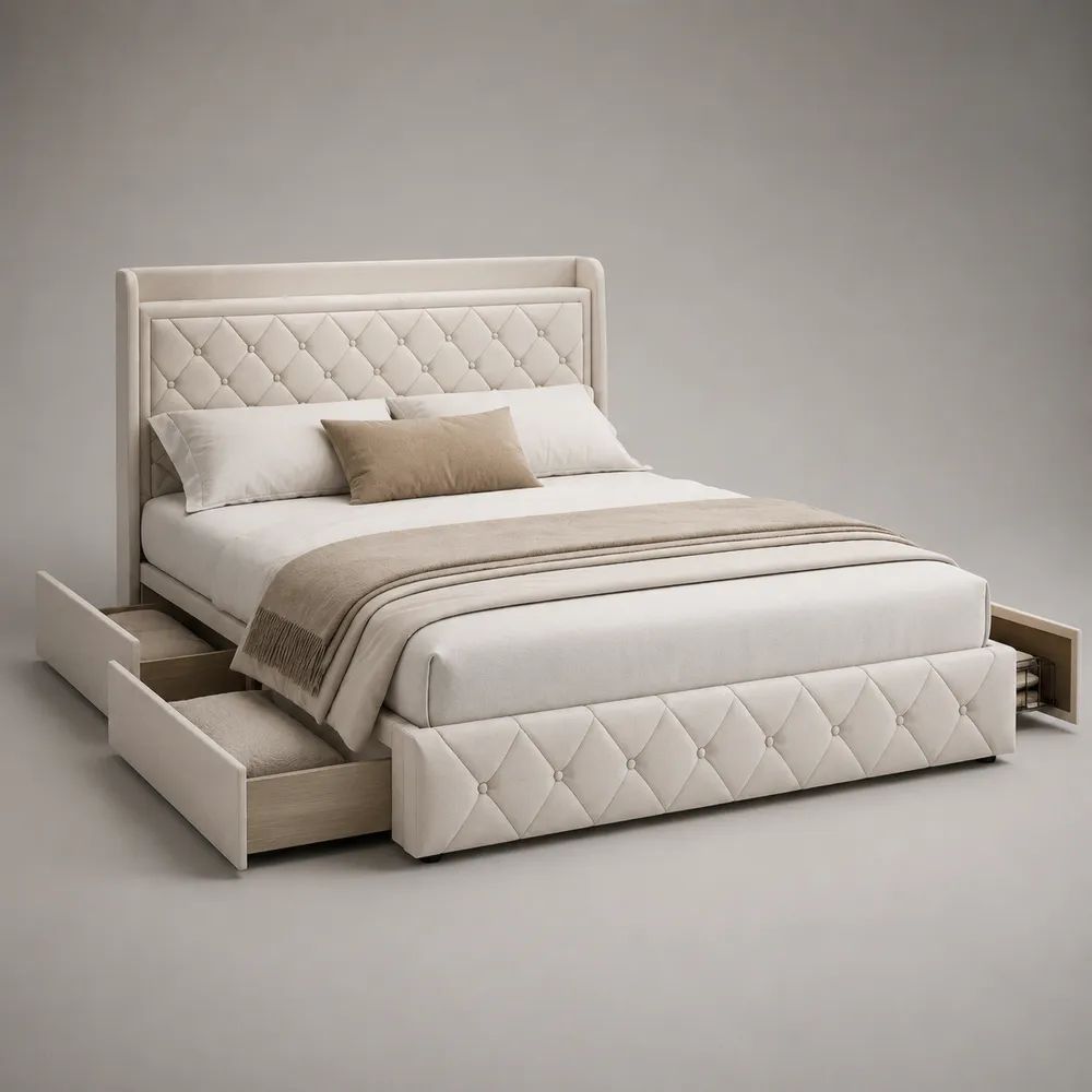 Letto matrimoniale imbottito in velluto avorio con testiera capitonné e 4 cassetti, 180 x 220 x 130 cm, per materasso 160 x 200 cm