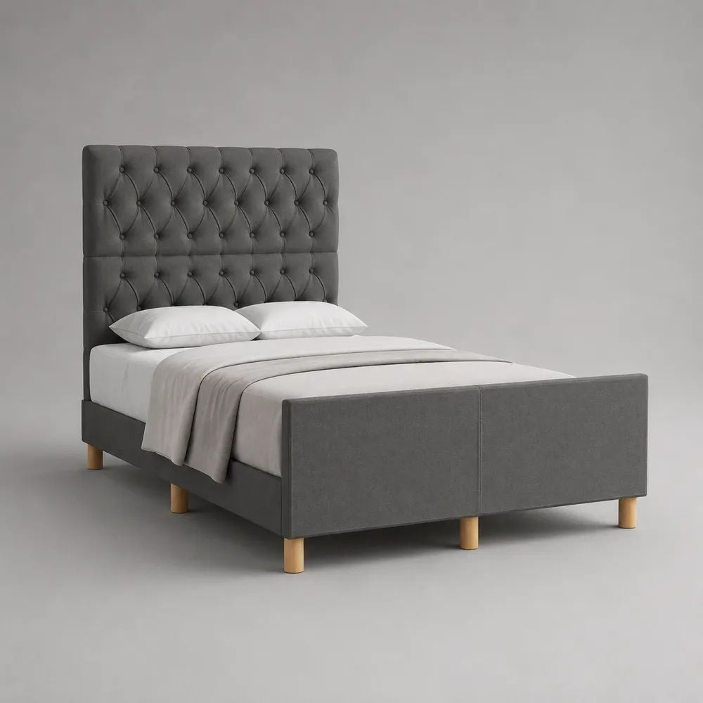 Letto matrimoniale imbottito grigio scuro 168 x 215 x 142 cm, per materasso 160 x 200 cm, con testiera alta capitonné e rete a doghe