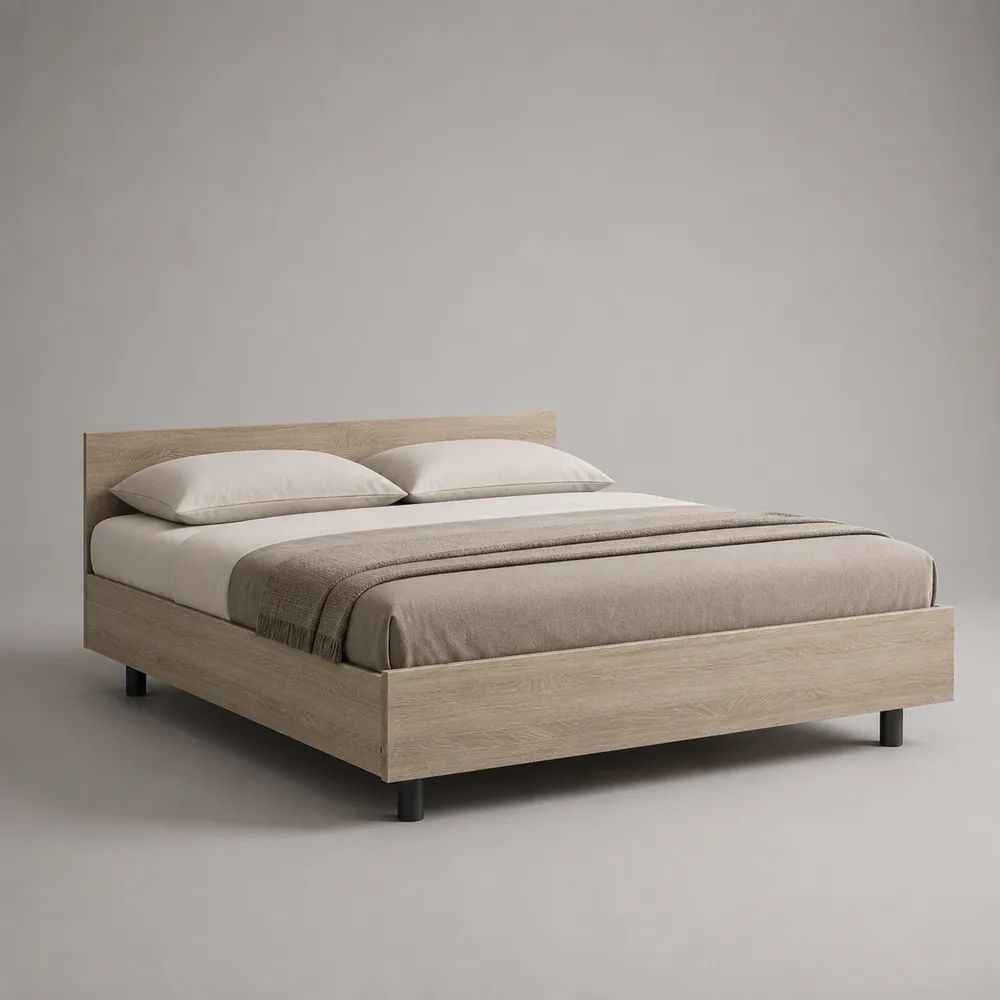 Letto matrimoniale 160 x 200 cm in pannello truciolare melaminico, rovere chiaro e nero, 208 x 166 x 90 cm