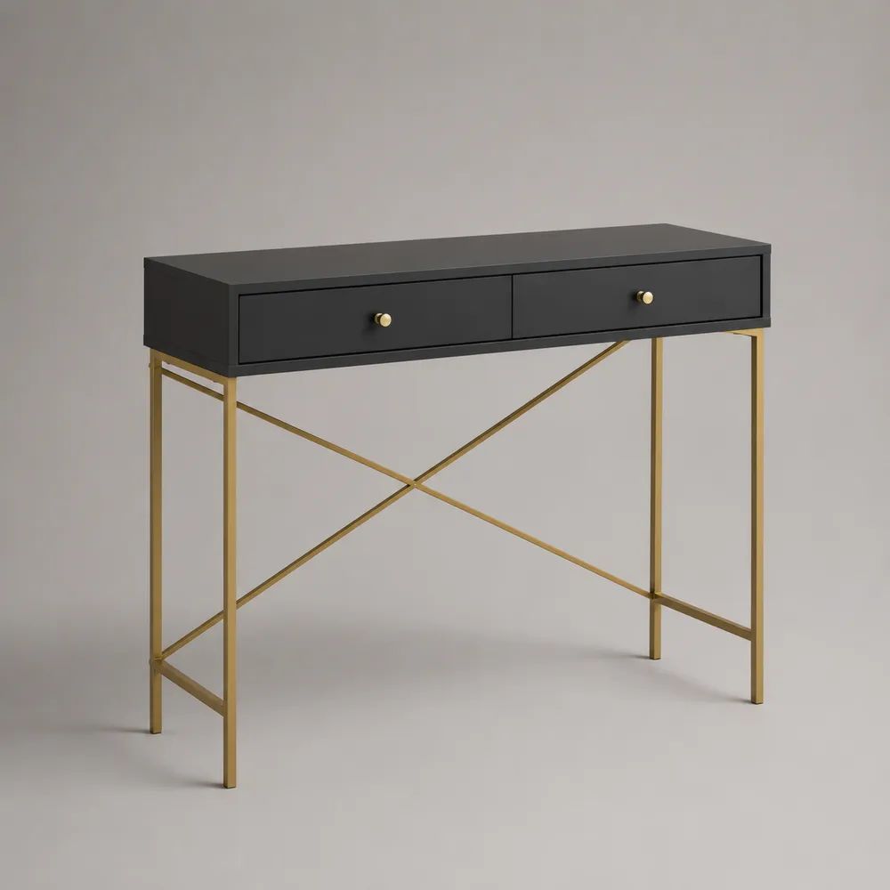 Consolle rettangolare in MDF e acciaio nero e oro con 2 cassetti, 100 x 35 x 80 cm