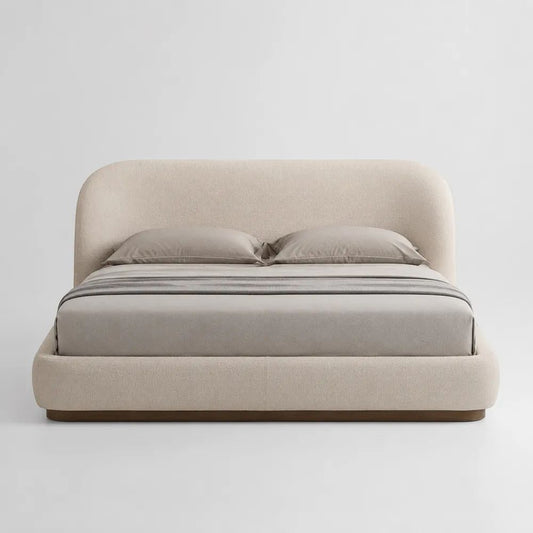 Letto matrimoniale imbottito 160 × 200 cm in poliestere beige con testiera arrotondata e base marrone