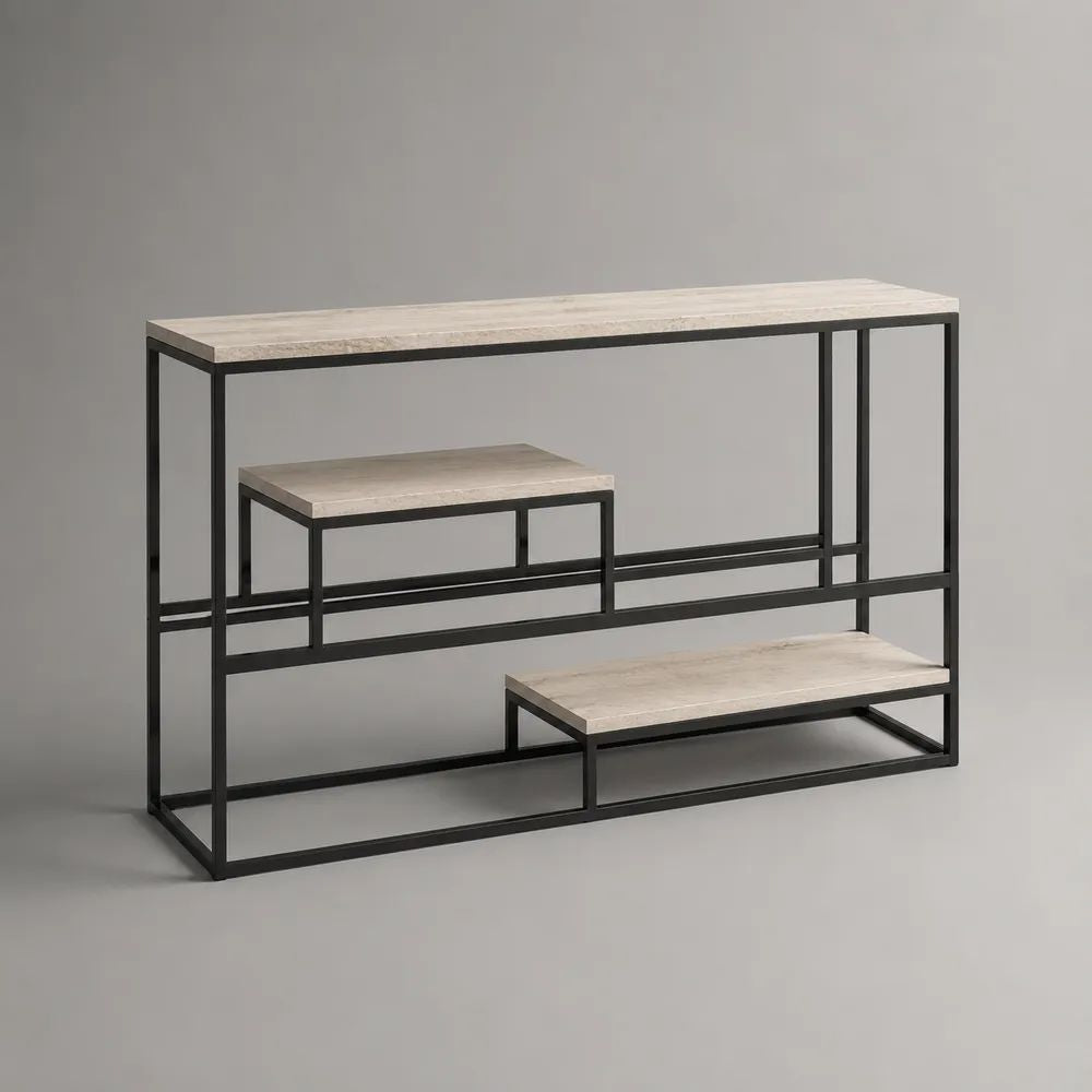 Consolle rettangolare con 3 piani in MDF effetto travertino e struttura in acciaio nero, 120 x 30 x 80 cm