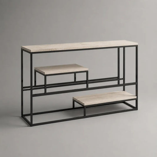 Consolle rettangolare con 3 piani in MDF effetto travertino e struttura in acciaio nero, 120 x 30 x 80 cm