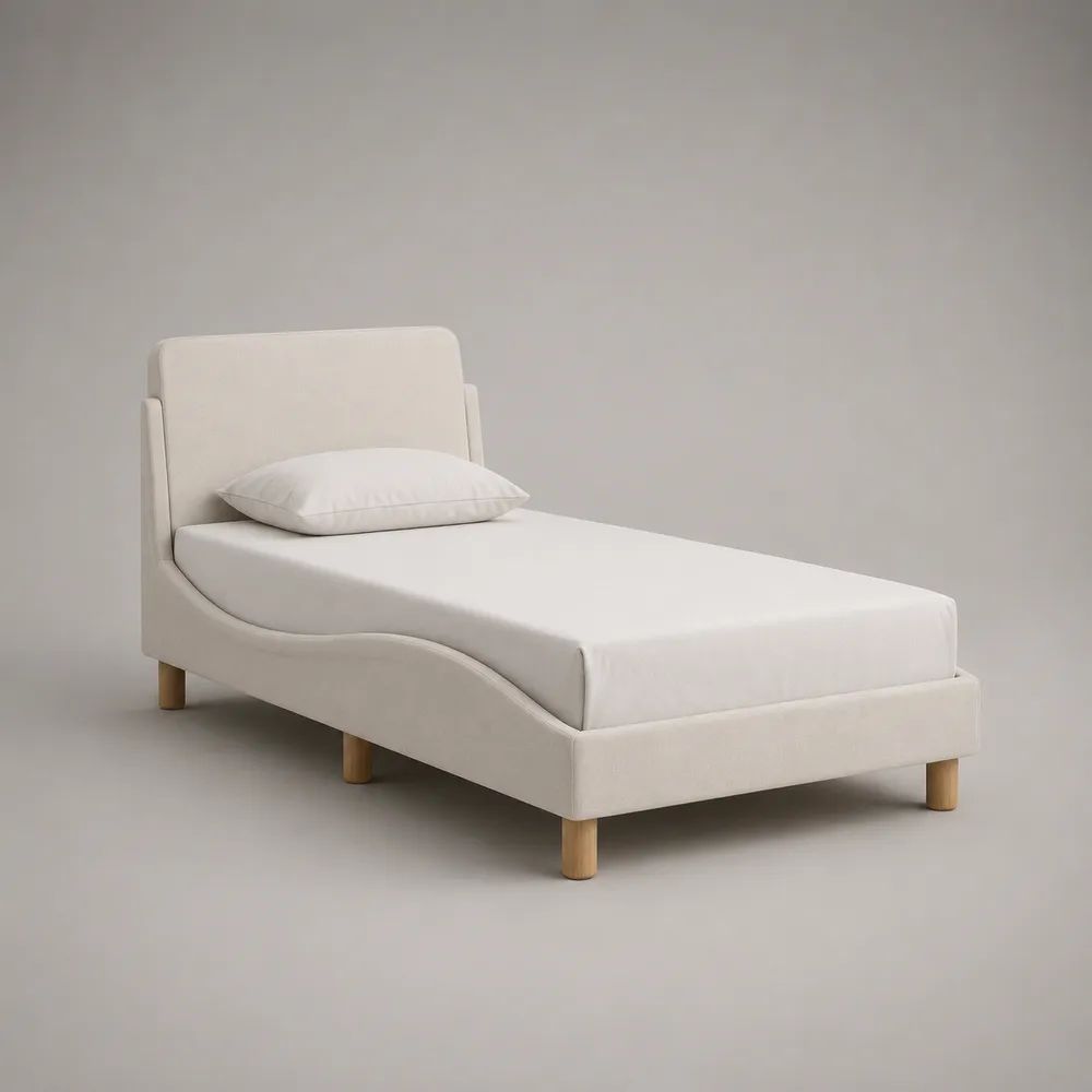 Letto singolo imbottito in tessuto crema con rete a doghe, 215 x 103 x 95 cm, per materasso 90 x 200 cm