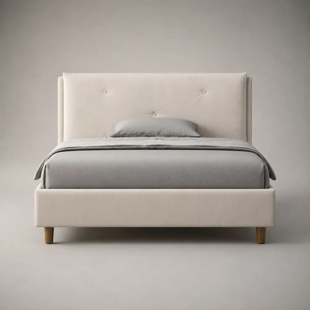 Letto matrimoniale imbottito in velluto beige con testiera capitonné, rete a doghe e piedini in legno, 160 x 200 cm
