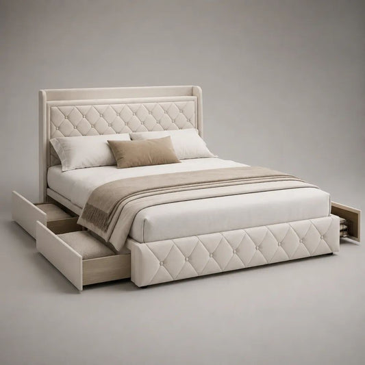 Letto matrimoniale imbottito in velluto avorio con testiera capitonné e 4 cassetti, 180 x 220 x 130 cm, per materasso 160 x 200 cm