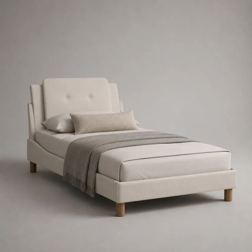 Letto singolo imbottito in tessuto crema per materasso 90 x 200 cm, struttura in legno, 101 x 215 x 112 cm