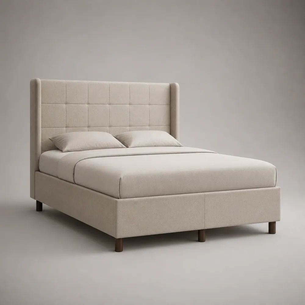 Letto matrimoniale imbottito beige in tessuto per materasso 160 x 200 cm con testiera alta, 180 x 220 x 130 cm