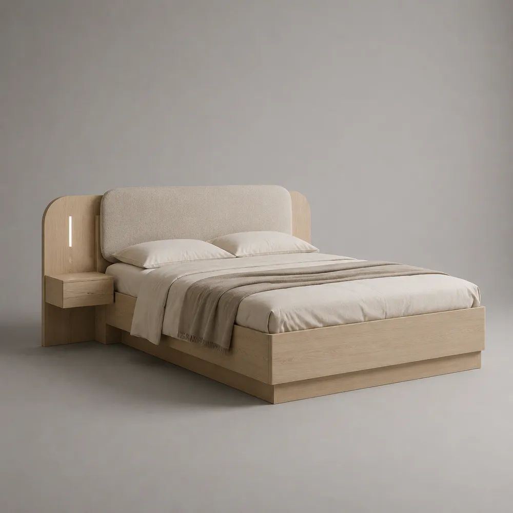 Letto matrimoniale in legno e tessuto bouclé beige con testiera imbottita, comodino sospeso e luce LED, rete 160 × 200 cm, rovere chiaro, 215 × 240 × 110 cm