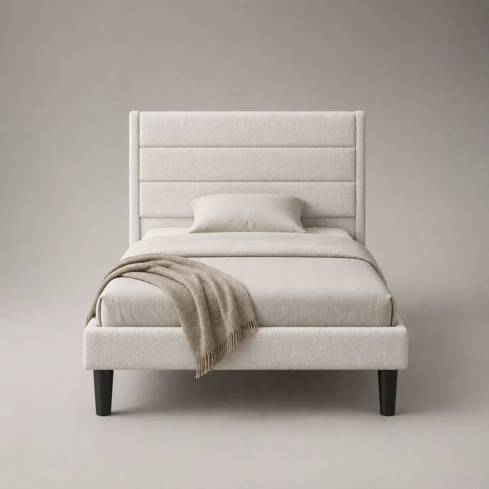 Letto singolo imbottito avorio con testiera a pannelli e rivestimento in tessuto bouclé, 101 x 215 x 120 cm, per materasso 90 x 200 cm