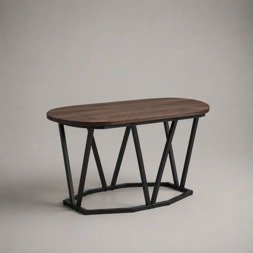 Tavolino ovale in MDF effetto noce e acciaio nero, 110 × 55 × 55 cm