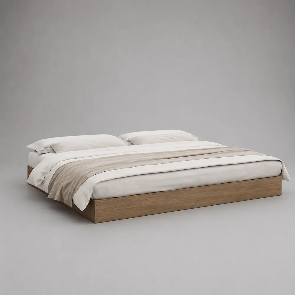 Letto matrimoniale contenitore basso in MDF, rovere naturale, con 2 cassetti, 206 x 186 x 30 cm, per materasso 180 x 200 cm