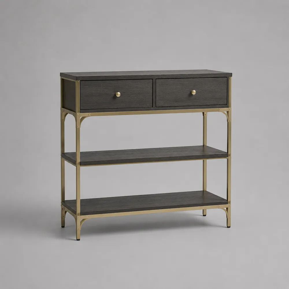 Consolle rettangolare con 2 cassetti e 2 ripiani in MDF melaminico e acciaio, marrone scuro e ottone anticato, 91,4 x 35,6 x 91,4 cm