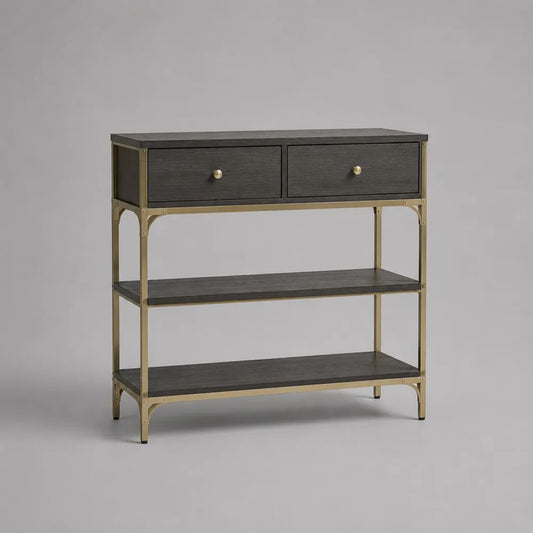 Consolle rettangolare con 2 cassetti e 2 ripiani in MDF melaminico e acciaio, marrone scuro e ottone anticato, 91,4 x 35,6 x 91,4 cm