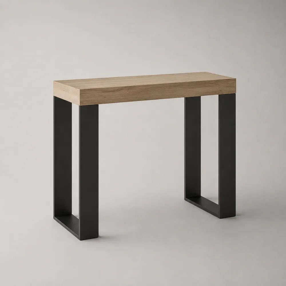 Consolle rettangolare in legno e metallo, rovere naturale e nero, 100 x 30 x 80 cm