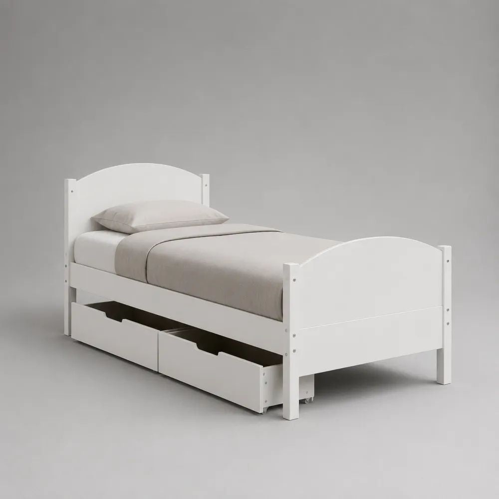 Letto singolo con 2 cassetti in pino massiccio e MDF bianco, 198 x 98 x 100 cm, per materasso 90 x 190 cm