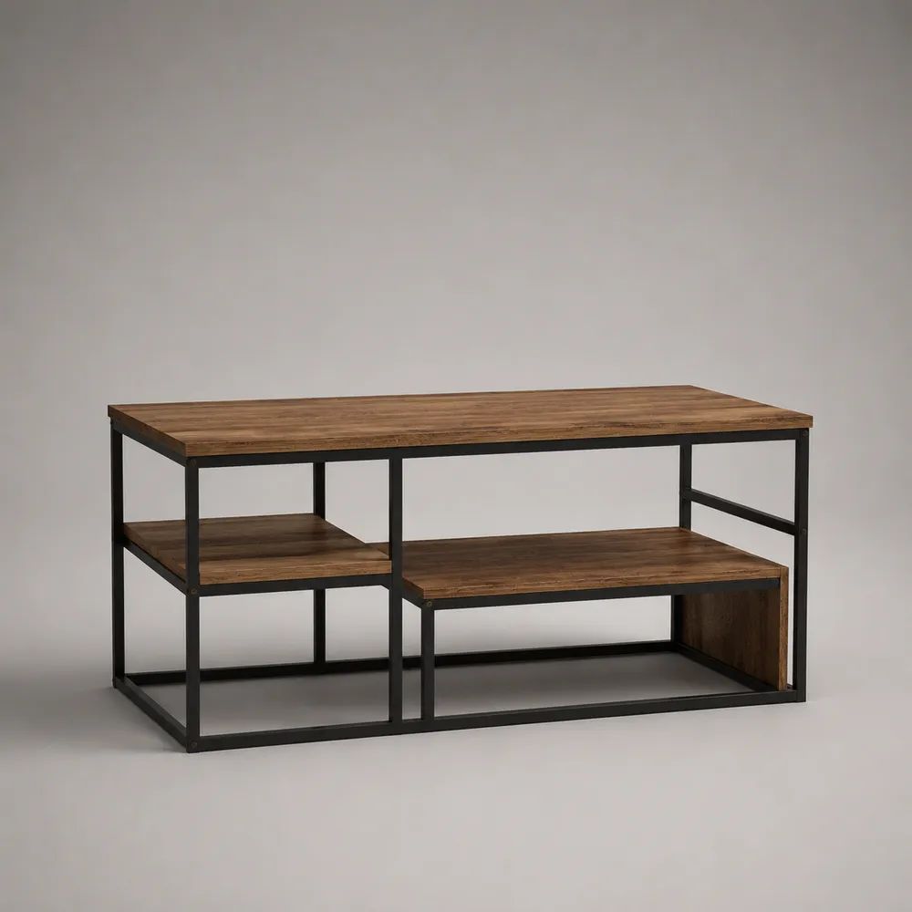 Set di 3 tavolini da salotto rettangolari impilabili in pannello truciolare melaminico e acciaio, marrone noce e nero, 110 × 55 × 50 cm