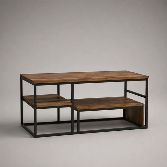 Set di 3 tavolini da salotto rettangolari impilabili in pannello truciolare melaminico e acciaio, marrone noce e nero, 110 × 55 × 50 cm