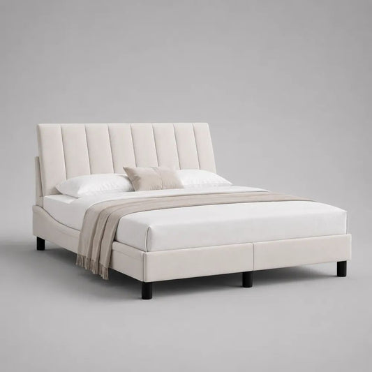 Letto matrimoniale imbottito in poliestere bianco con testiera a pannelli verticali, rete 160 x 200 cm, dimensioni 173 x 216 x 112 cm