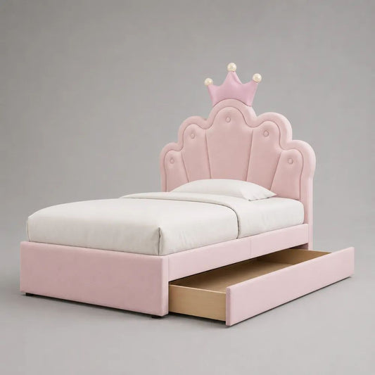 Letto singolo per bambini rosa e bianco con cassetto estraibile e testiera a corona in velluto, per materasso 90 x 190 cm, 205 x 105 x 165 cm