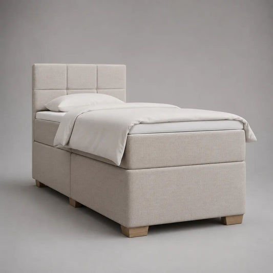 Letto singolo imbottito beige in tessuto con materasso e testiera, superficie 90 x 200 cm, dimensioni 100 x 210 x 120 cm