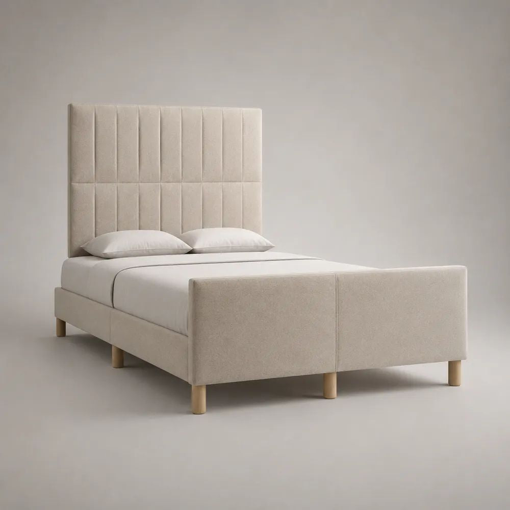 Letto matrimoniale imbottito in tessuto beige 160 x 200 cm con testiera alta e pediera, dimensioni 170 x 215 x 150 cm