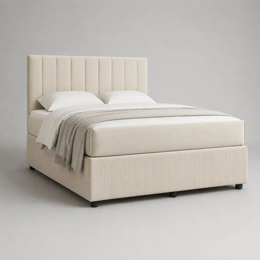 Letto matrimoniale imbottito 160 x 200 cm in velluto crema con testiera rettangolare e rete a doghe, 174 x 216 x 120 cm