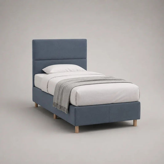 Letto singolo imbottito in tessuto grigio blu con rete a doghe, 100 × 215 × 120 cm, per materasso 90 × 200 cm