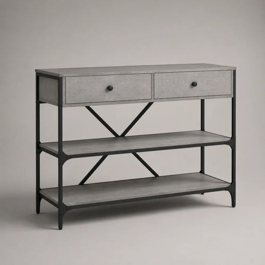 Consolle rettangolare in pannello truciolare melaminico e acciaio con 2 cassetti e 2 ripiani, grigio cemento e nero, 100 × 35 × 80 cm