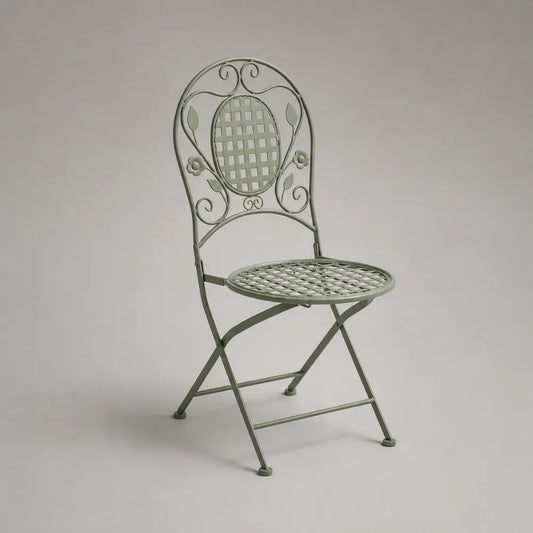 Sedia da giardino pieghevole in acciaio verde salvia con seduta rotonda, 42 × 52 × 92 cm