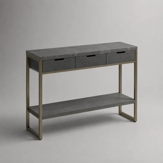 Consolle rettangolare in MDF e acciaio con 3 cassetti e ripiano, grigio cemento e grigio tortora, 110 x 35 x 80 cm