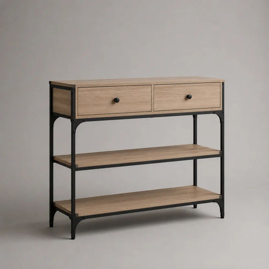 Consolle rettangolare con 2 cassetti e 2 ripiani in MDF e acciaio, rovere naturale e nero, 100 × 35 × 90 cm