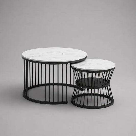 Coppia di tavolini da salotto rotondi a incastro in MDF melaminico e acciaio, bianco effetto marmo e nero, Ø 80 x H 45 cm e Ø 50 x H 38 cm